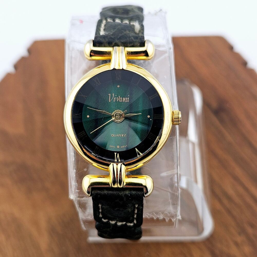 Vivani Women's Gold Tone Bracelet Watch Green Dial Black Braided Band Artsy Bold